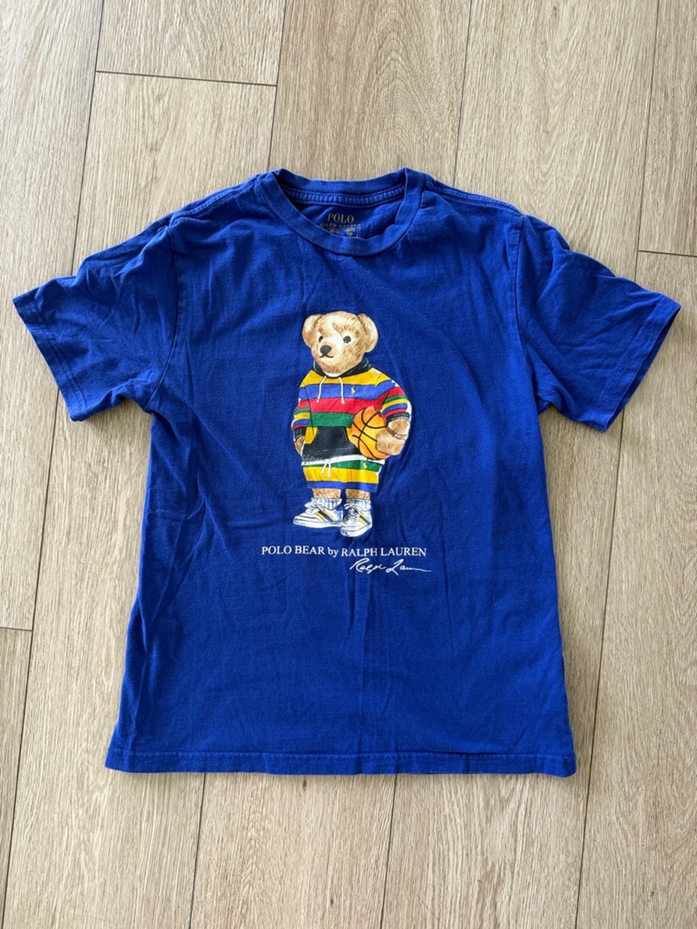 Ralph Lauren Blue Big Polo Bear basketball Graphic Tee boys size medium 10/12